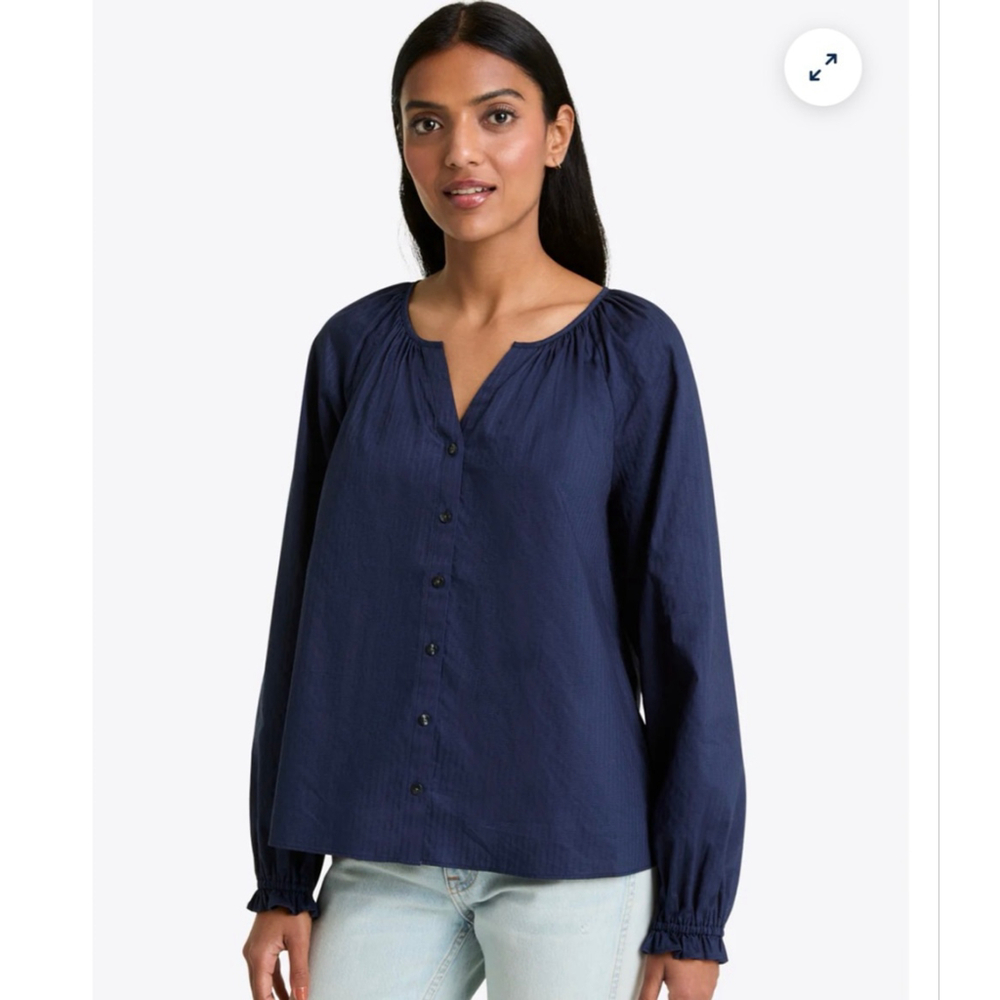 Draper James Navy Textured Cotton Button Front Blouse XS Puff Sleeve .